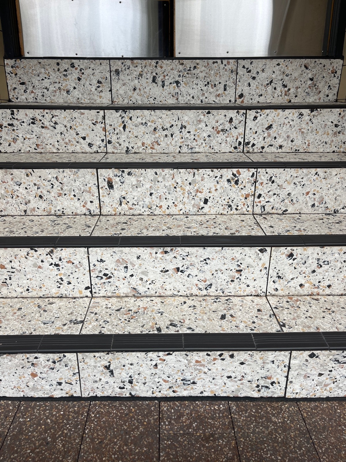 5 steps up to door. Handrails either side.