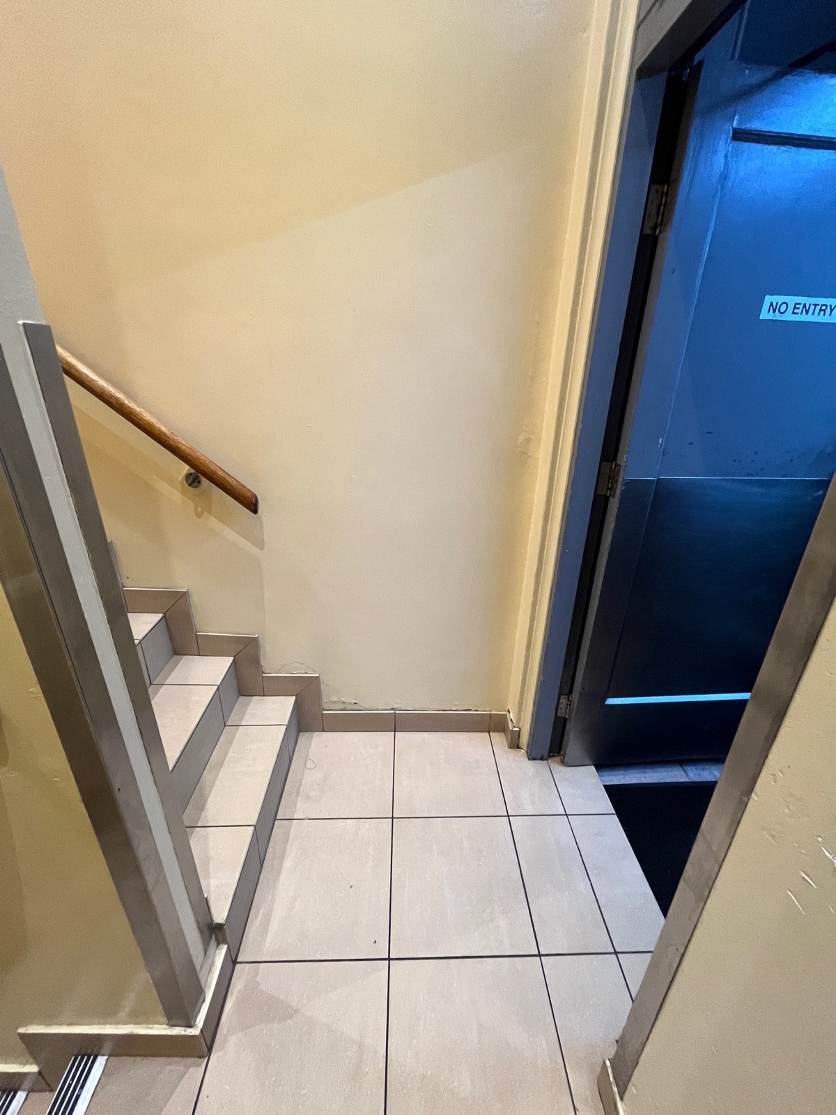From top of steps facing left. Staircase on left wall.