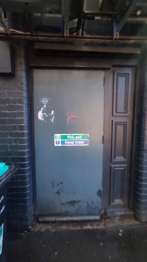 From left of venue facing right. Fire exit door ahead. The door is opened from inside.