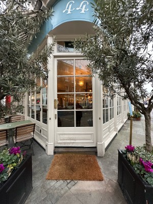 White and glass panelled door. Push handle from left to open. Planters to left and right.