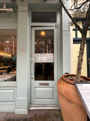 Turquoise and glass panelled door. Push handle from left to open. Planter to right.