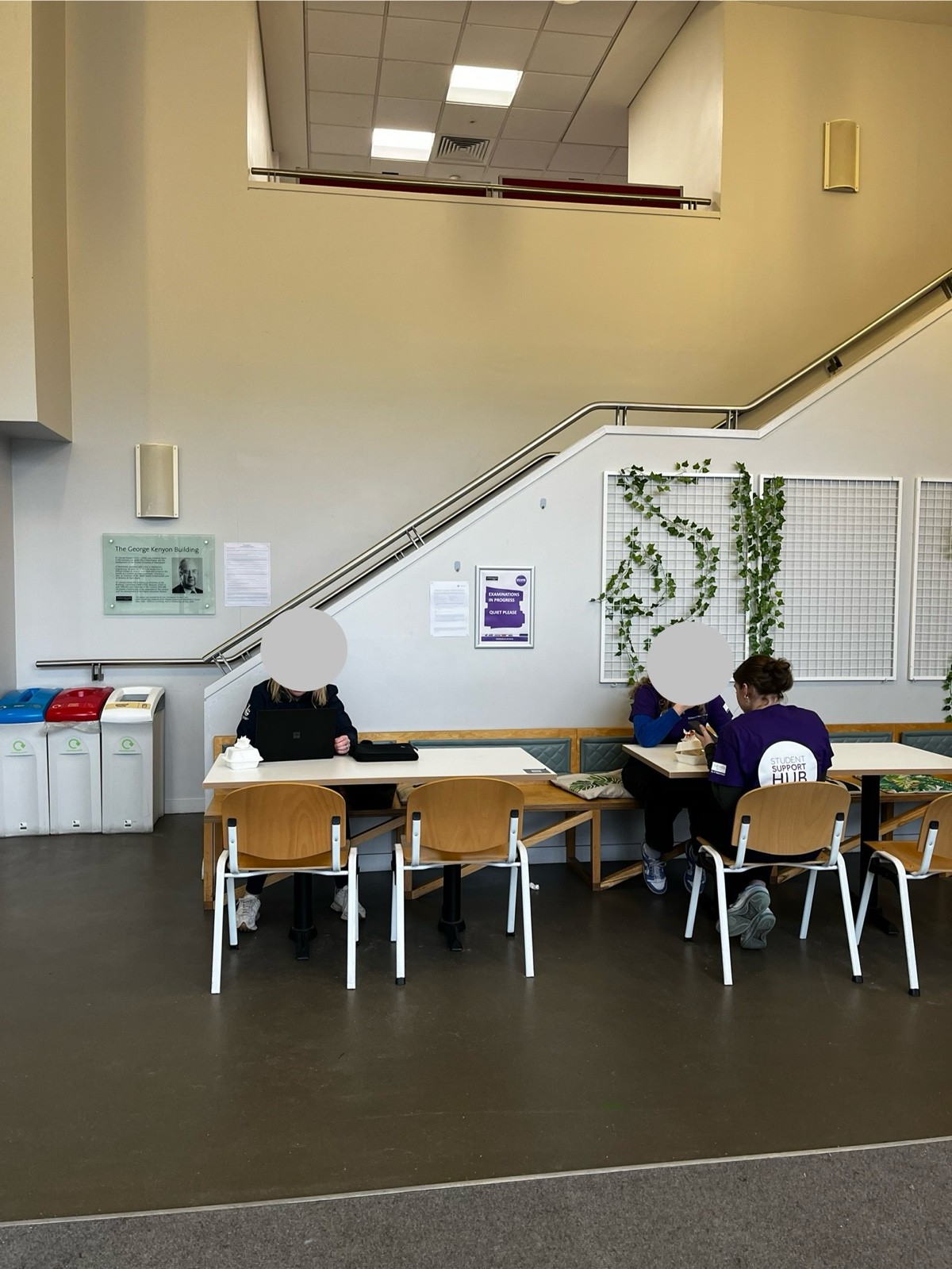 Tables with benches and chairs. Each table seats four people.