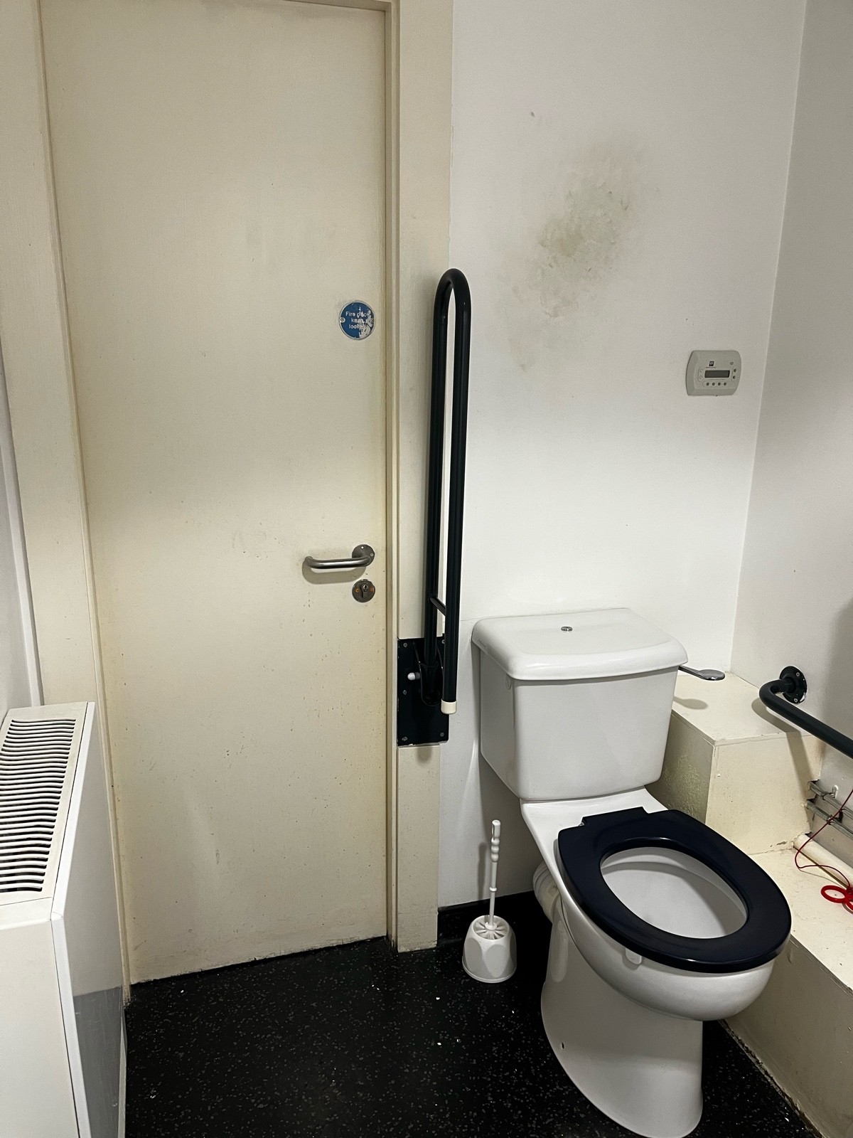 Toilet showing colour contrasted grab bar and grab rails