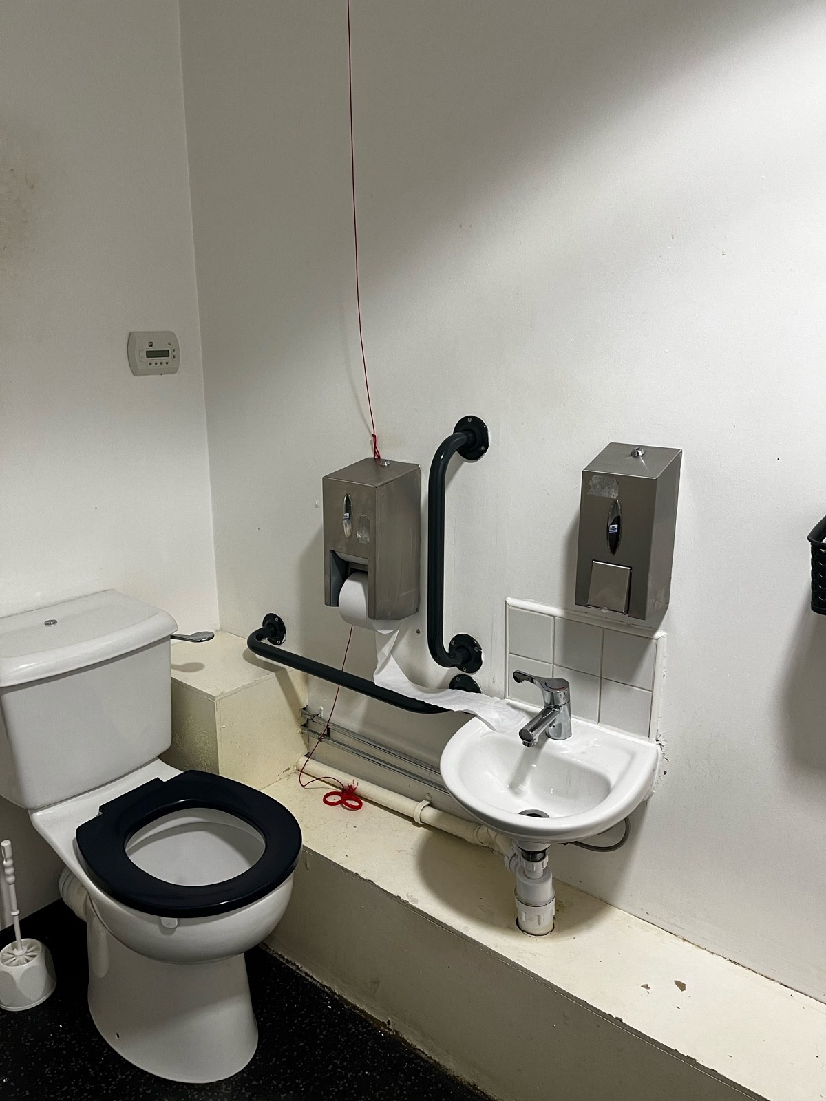 Close up of toilet and sink. Hand rails on the left side of the toilet.