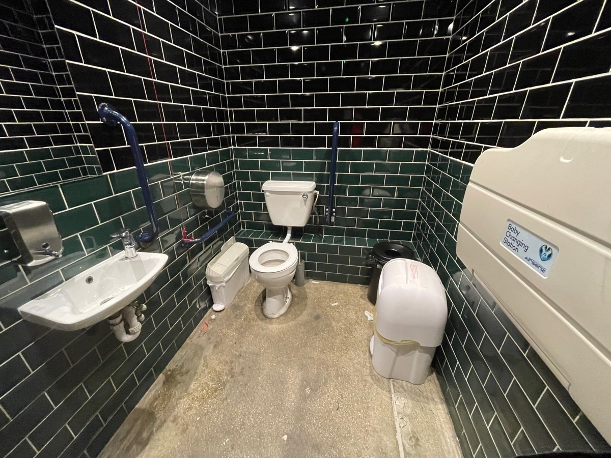 From doorway facing straight. Sink on left. Toilet ahead at back left. Emergency pull cord on its left. Baby changing station on right.