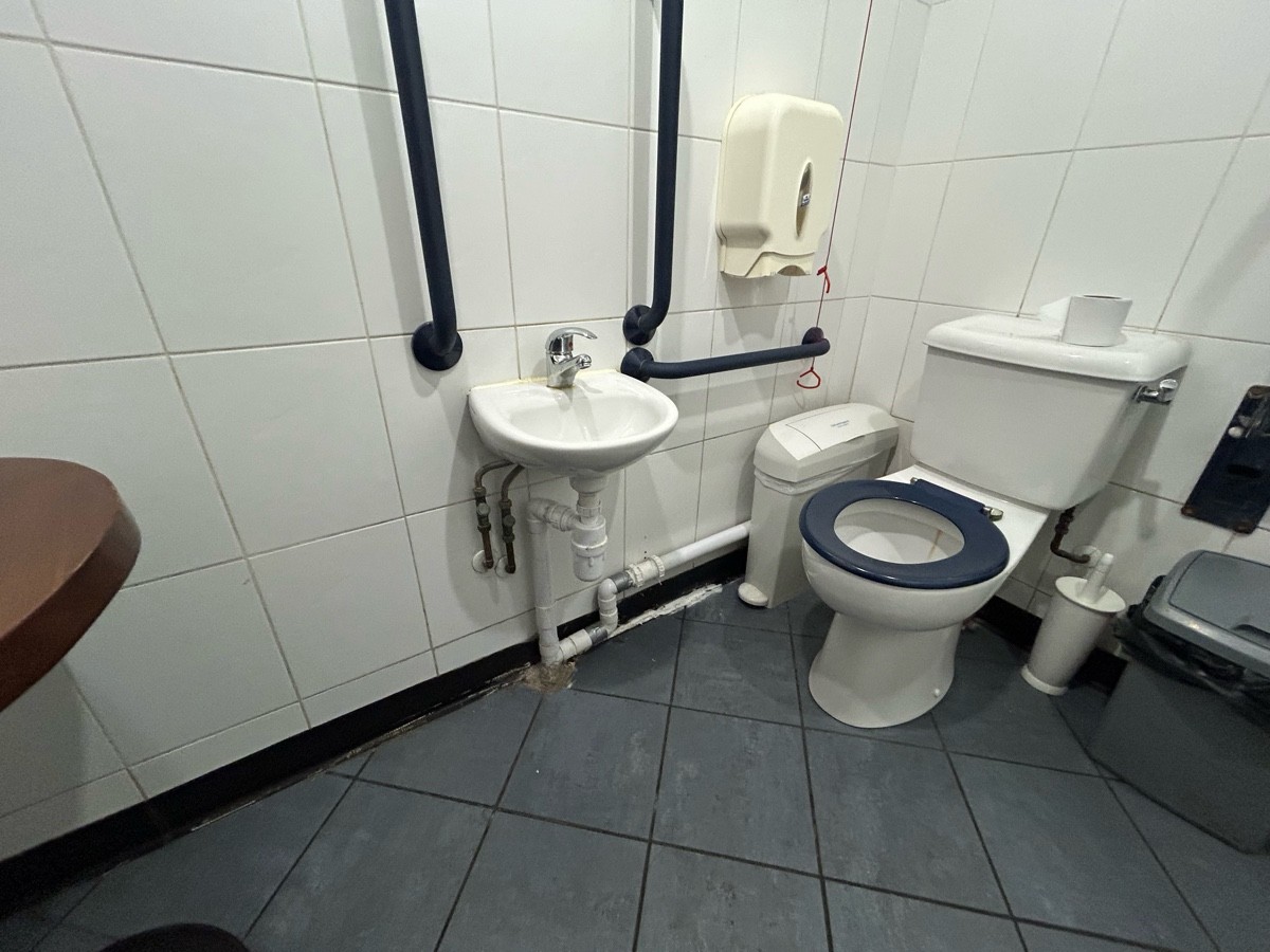 Grab rails left of the toilet emergency cord to the left in the corner slightly lowered sink with three grap rails on the wall