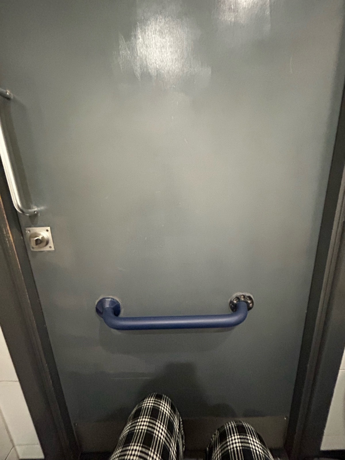 Low Grap rail on the interior of the toilet door can be used to push open the door, the handle is hire up on the door