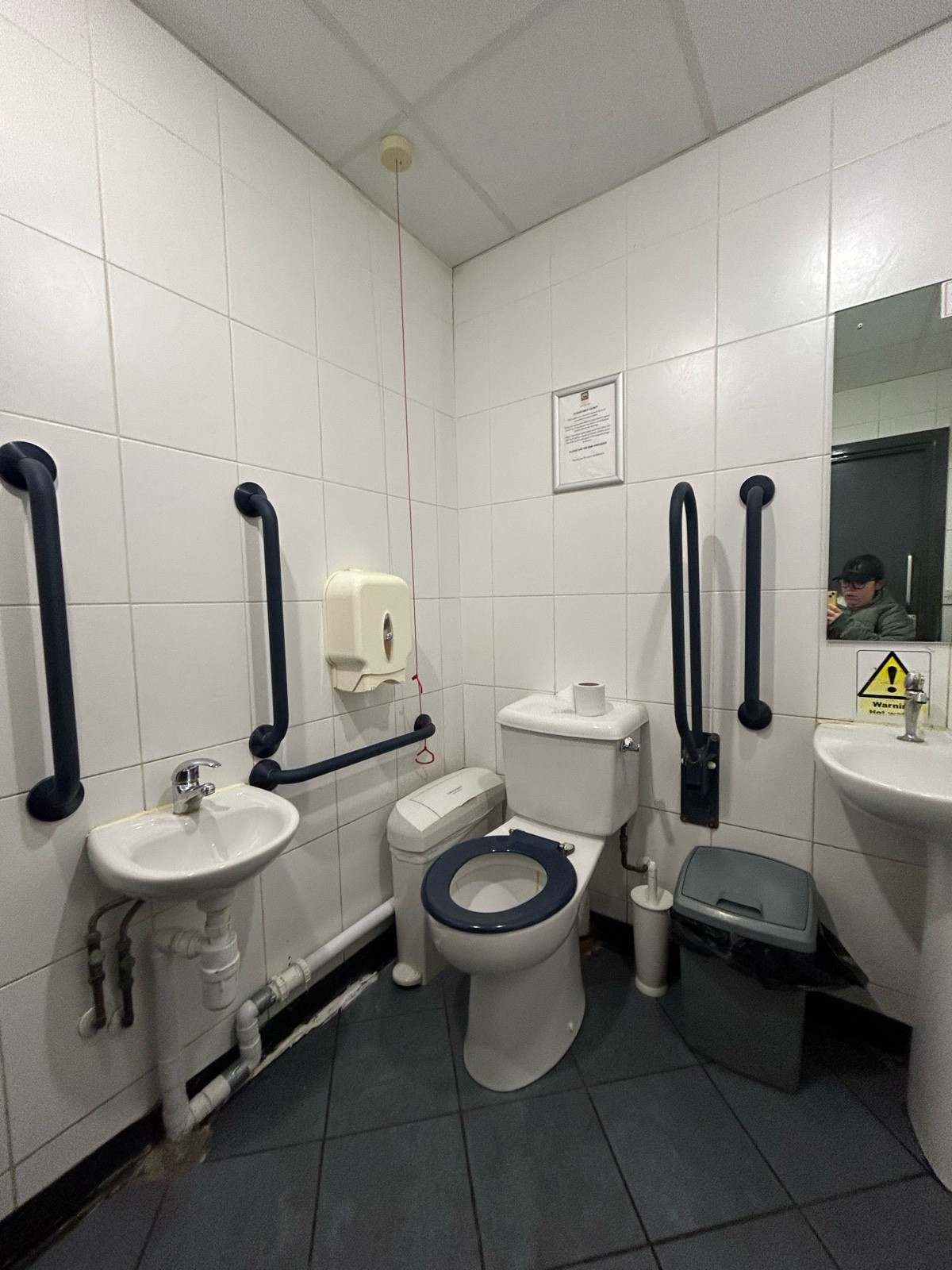 Another angle of the bathroom 4 grab rails push bin lid to the right of the toilet. Average height toilet.