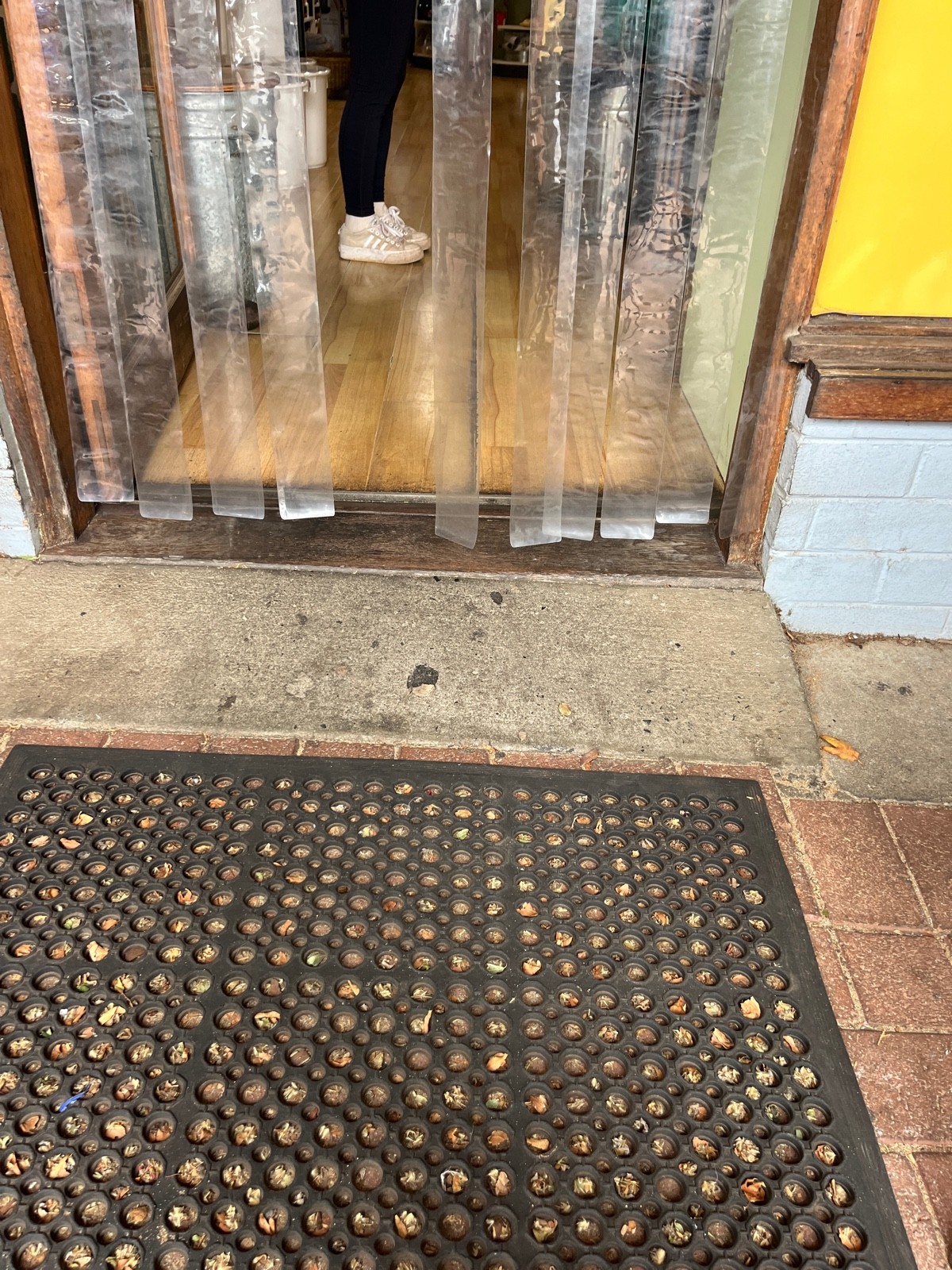 Doormat at foot of door. Small built in ramp up through door. Small bump at foot of door.