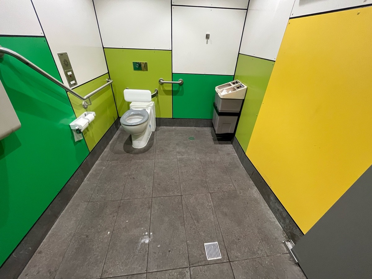 From door facing right. Emergency intercom on left wall. Toilet on wall ahead to left. High hook on wall ahead to right.