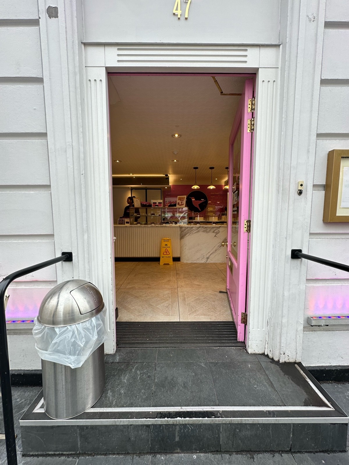 From opening facing straight. Pink and glass panelled door. Push gold handle from left to open. Black handrails to left and right. Bin to left.