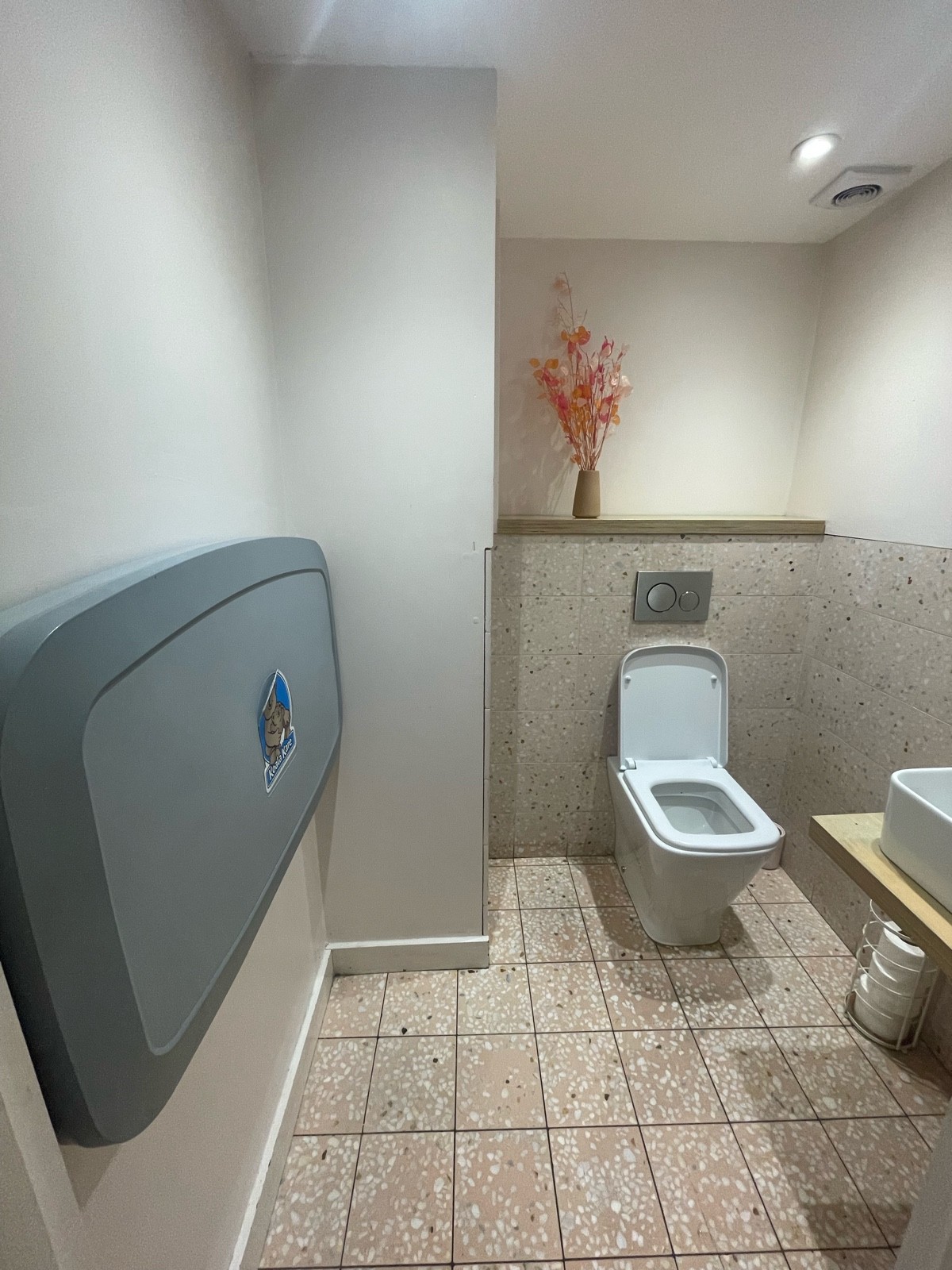From door facing straight. Baby change on left wall. Sink at back right.