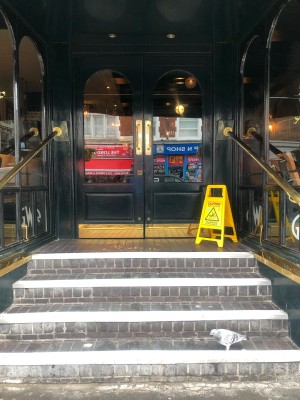 Four steps going up to entrance. Handrail along left and right.