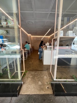 Glass door slides open to left.