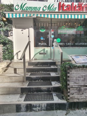 Four steps up with net mat to entrance door. Silver handrail on right. Black handrail on left.