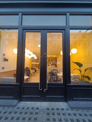 Glass doors with black, wooden frame. Push golden handles in middle to open.