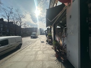 From pavement facing venue. Plants to right. Counter behind.