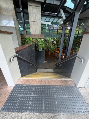 Stairs down to entrance. Handrails either side. Tactile flooring both ends.