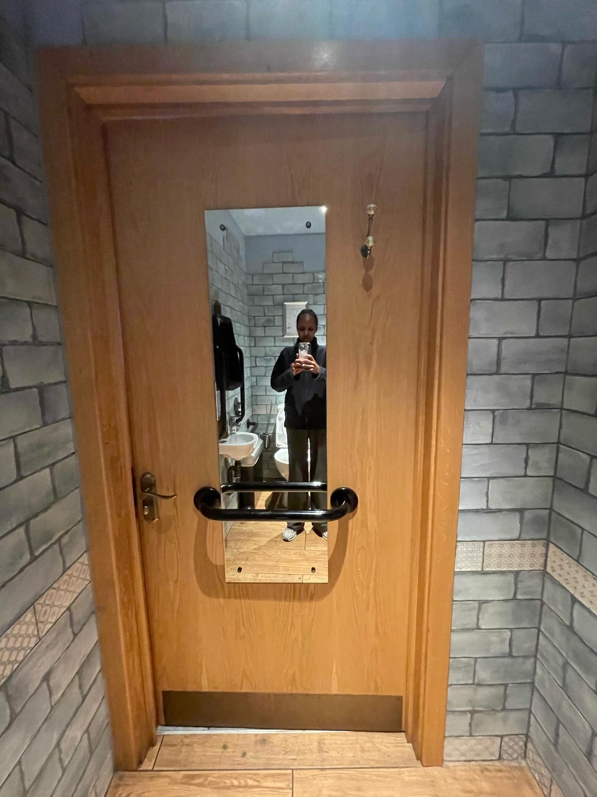 Back of bathroom door. Small grab rail across centre. Push handle on left to open.