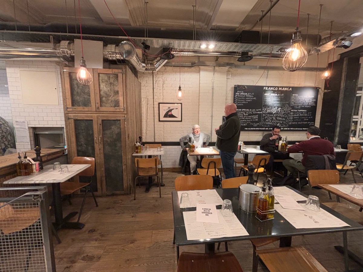 From end of steps in main area facing left. Tables with chairs ahead along centre, back wall and left.
