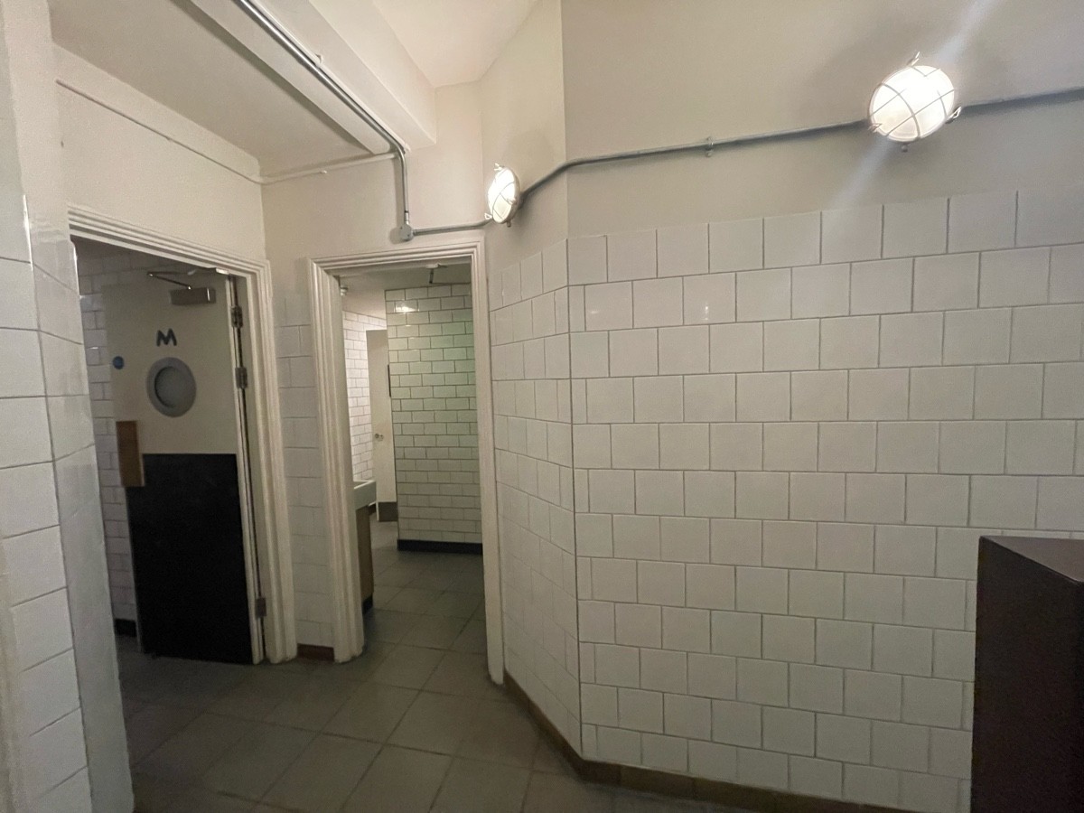 From bottom of stairs facing right. Path to bathroom entrance ahead to back left.