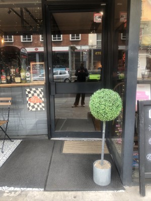 Glass door with black frame. Doormat before entrance. Plant to right.