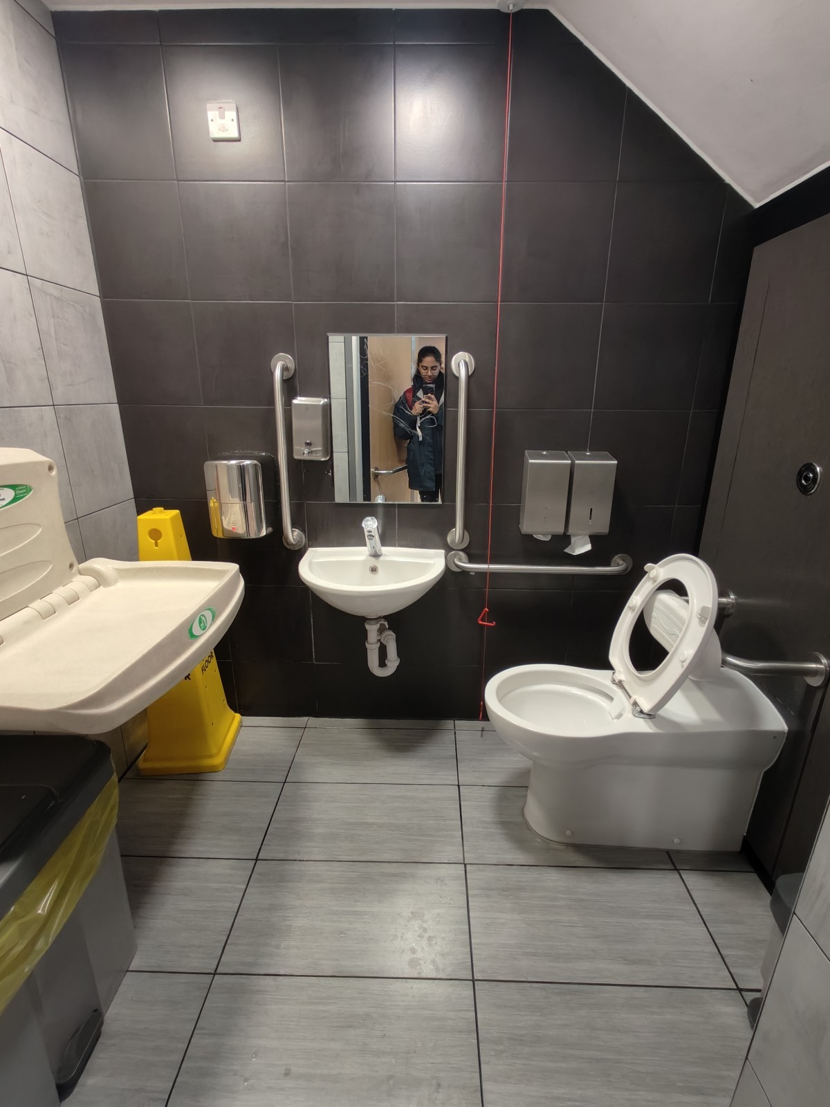 From door facing straight. Toilet on right. Sink at back. Pull cord to its right. Baby change table on left.