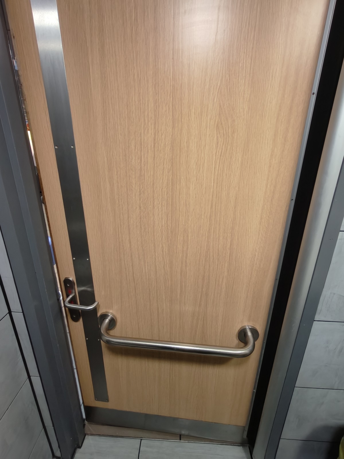 Back of door. Silver grabrail in centre. Push silver handle on left to open.