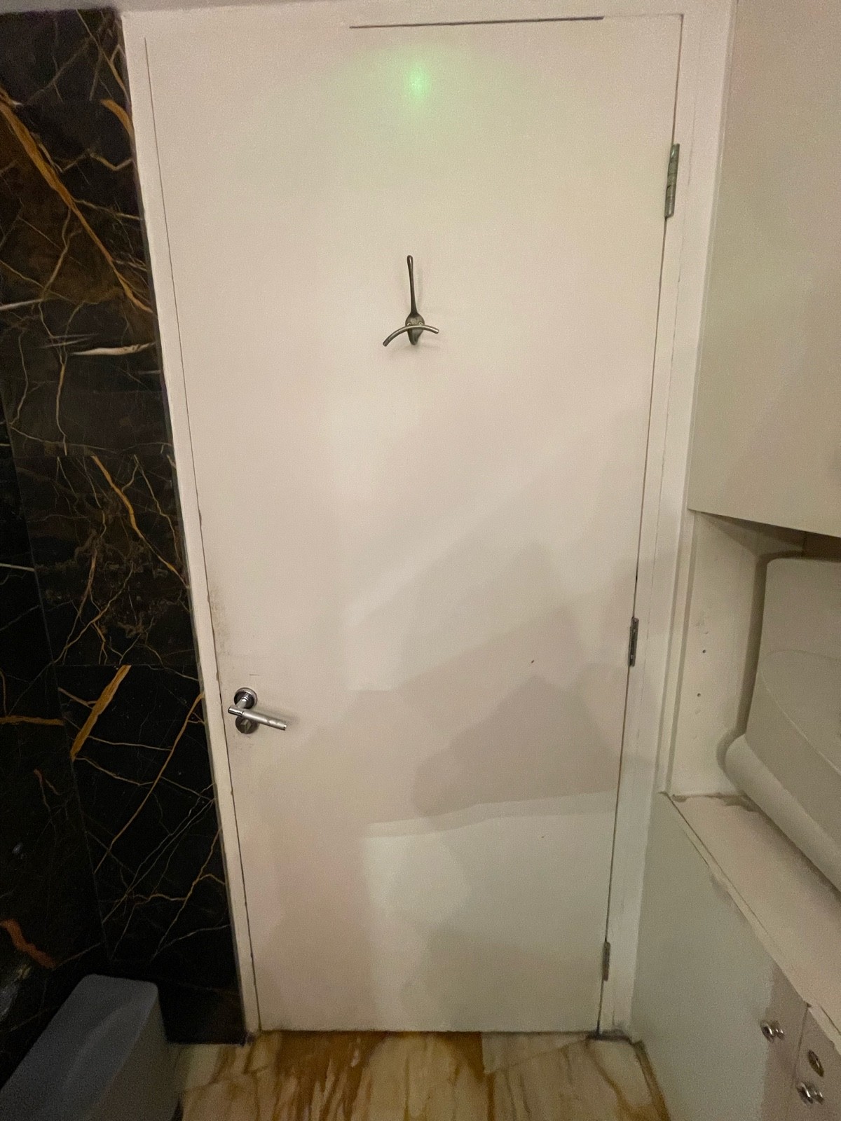 Back of toilet door. Hooks at top of door.