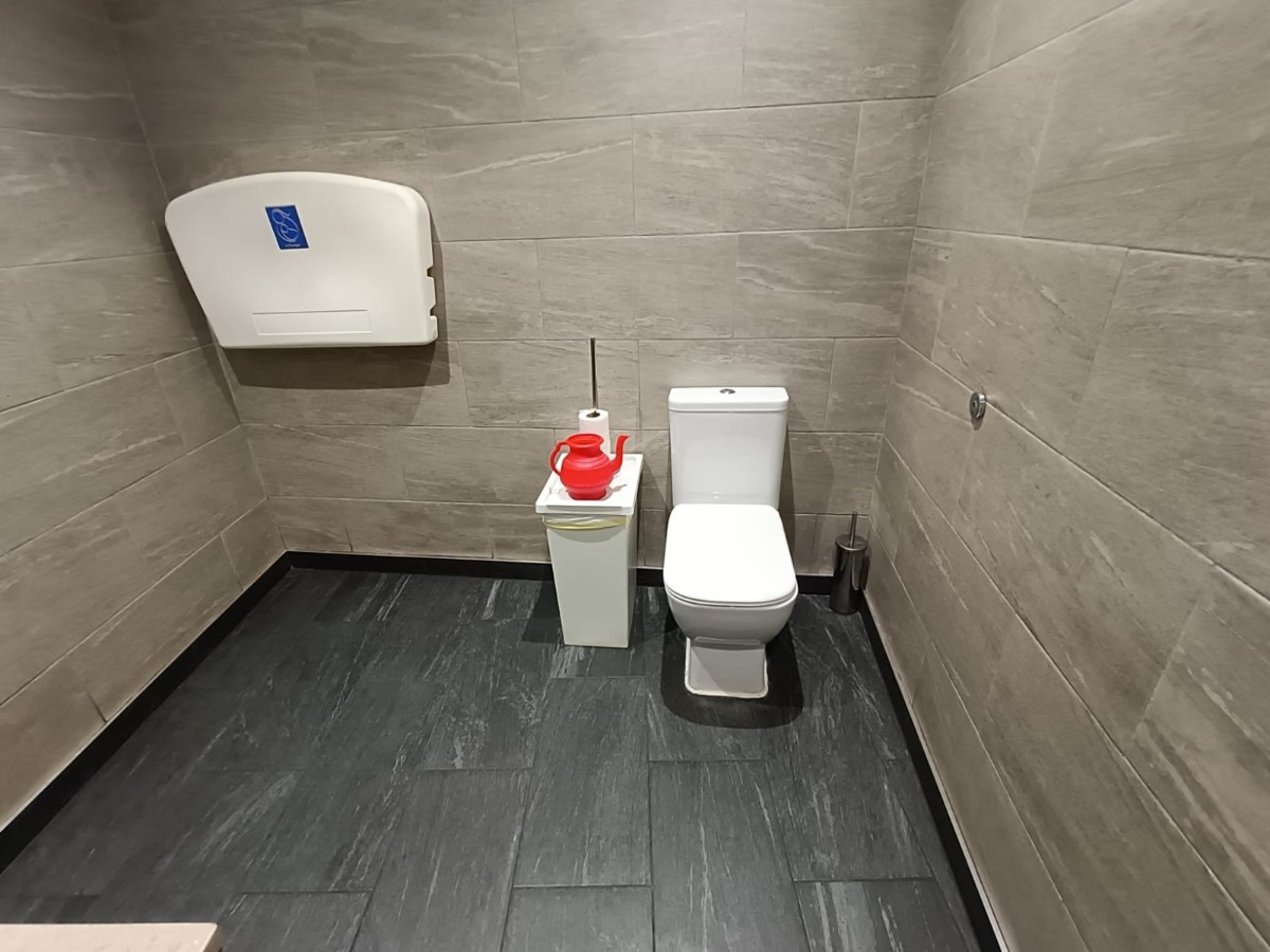 From door facing right. Toilet at back. Baby change table at back left.