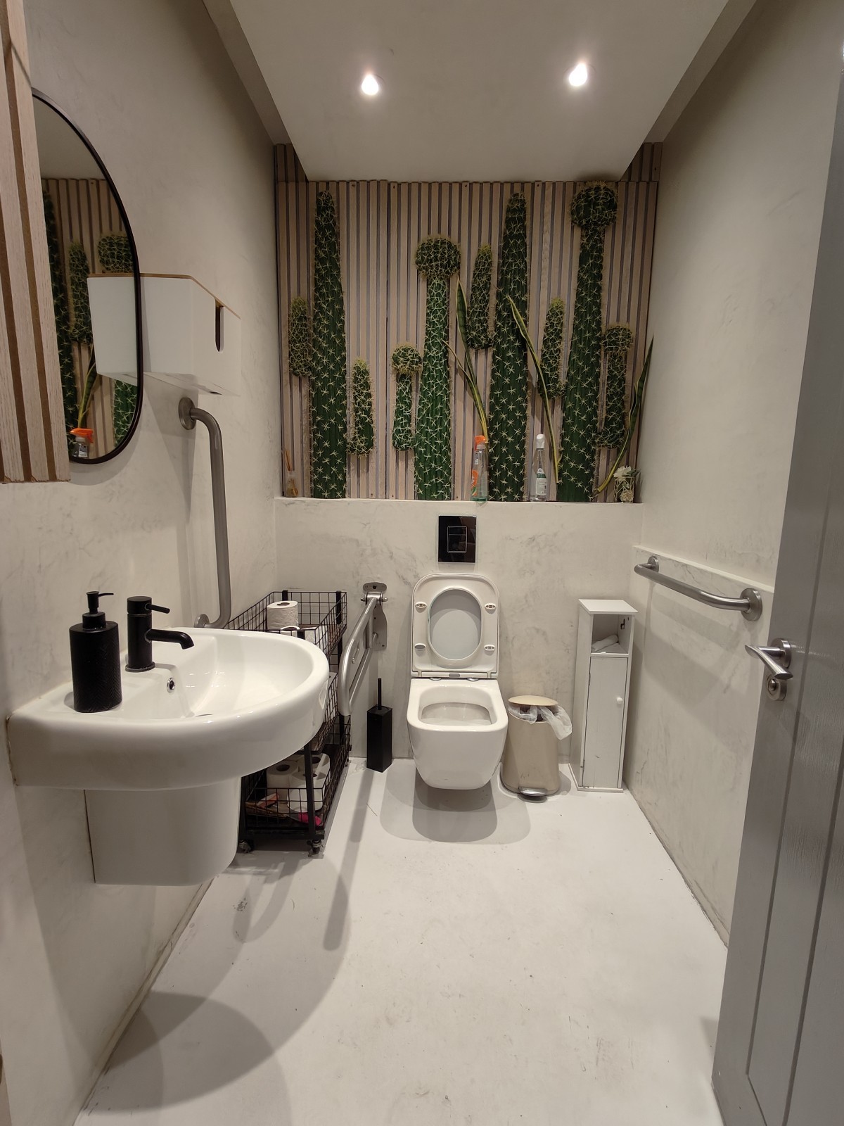 From door facing straight. Sink on left. Toilet at back.