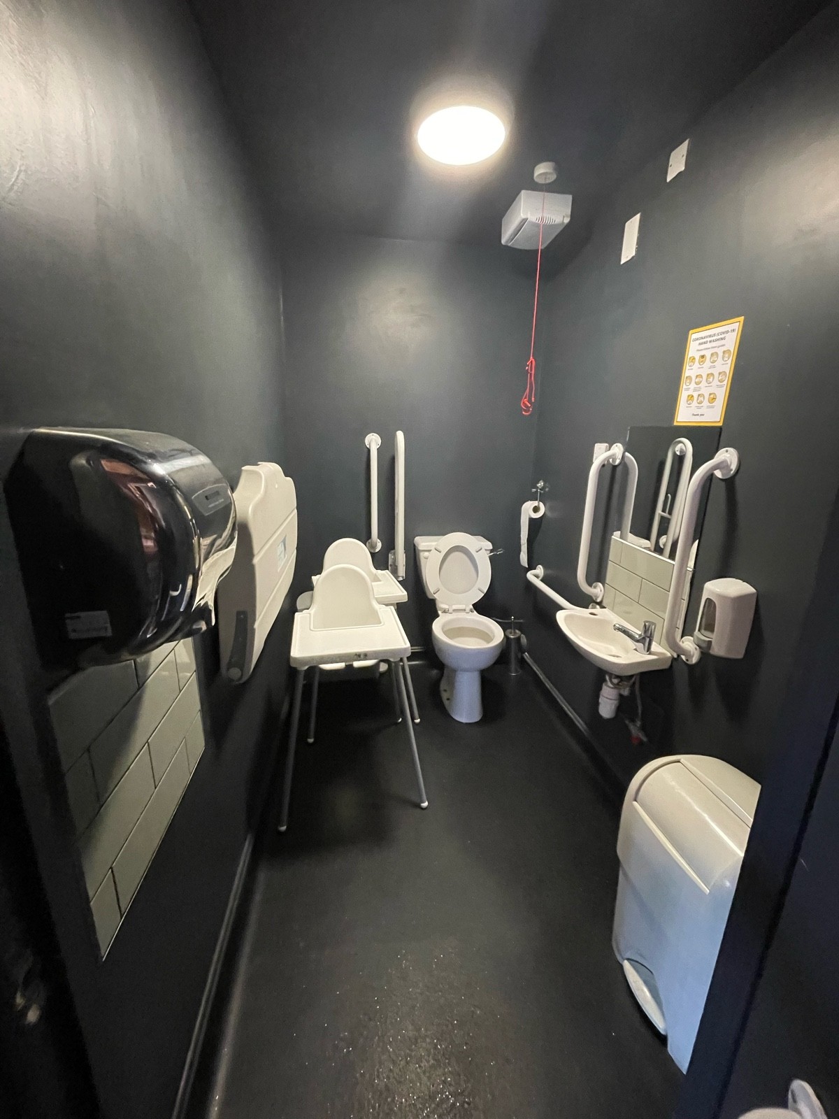 From doorway facing straight. Baby changing station on left. Toilet at back right. Emergency pull cord on its right. Sink on right.