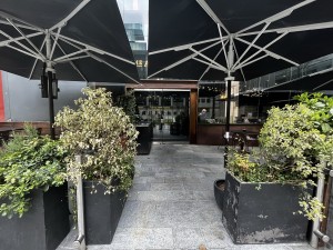 From pavement facing venue. Planters and parasols on left and right. First set of doors at end of path ahead.