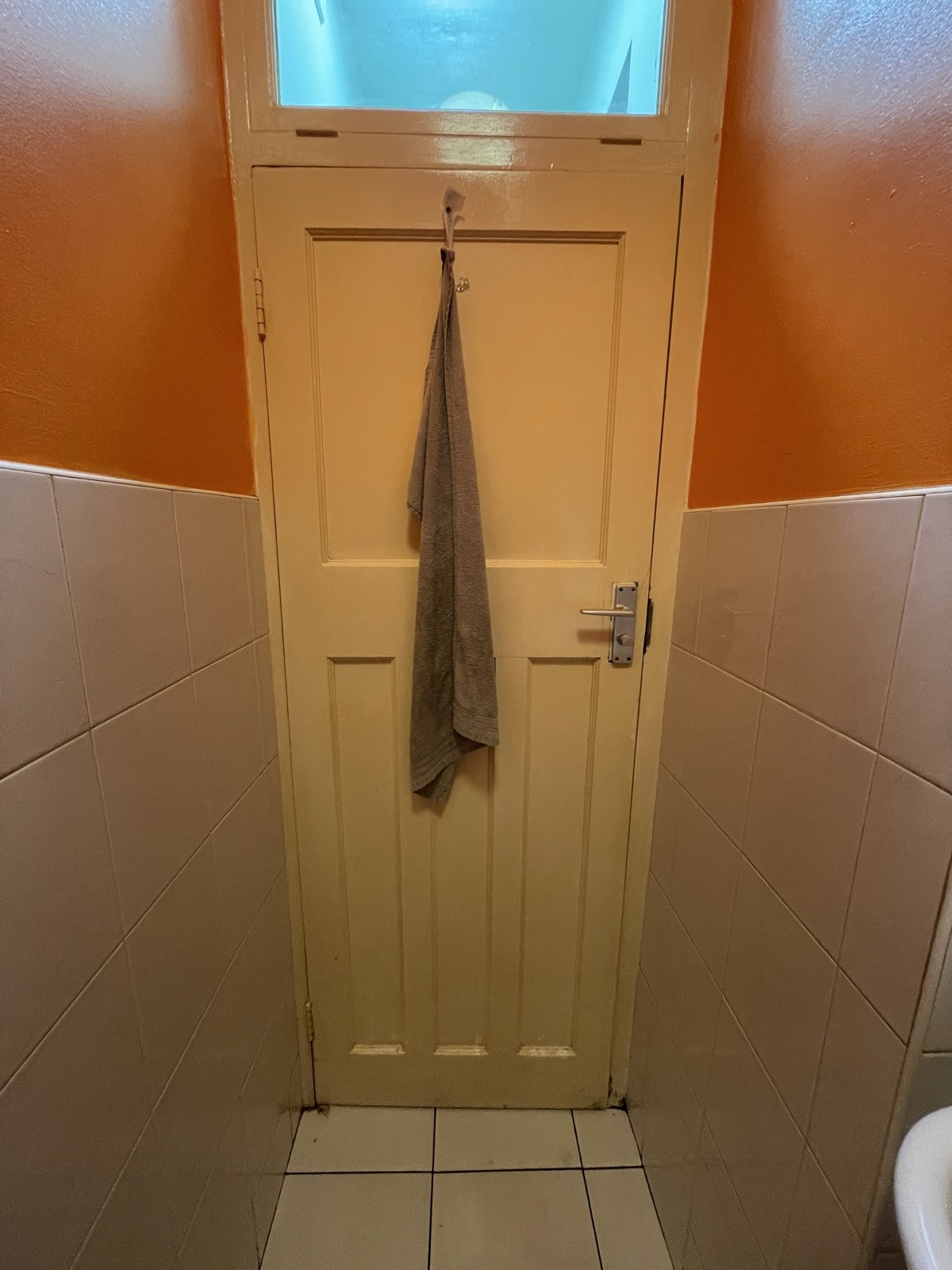 Facing back of door. High hanging hook at centre. Pull from silver handle on right to open.