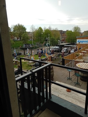 View of beer garden from a side door enterance of the pub.