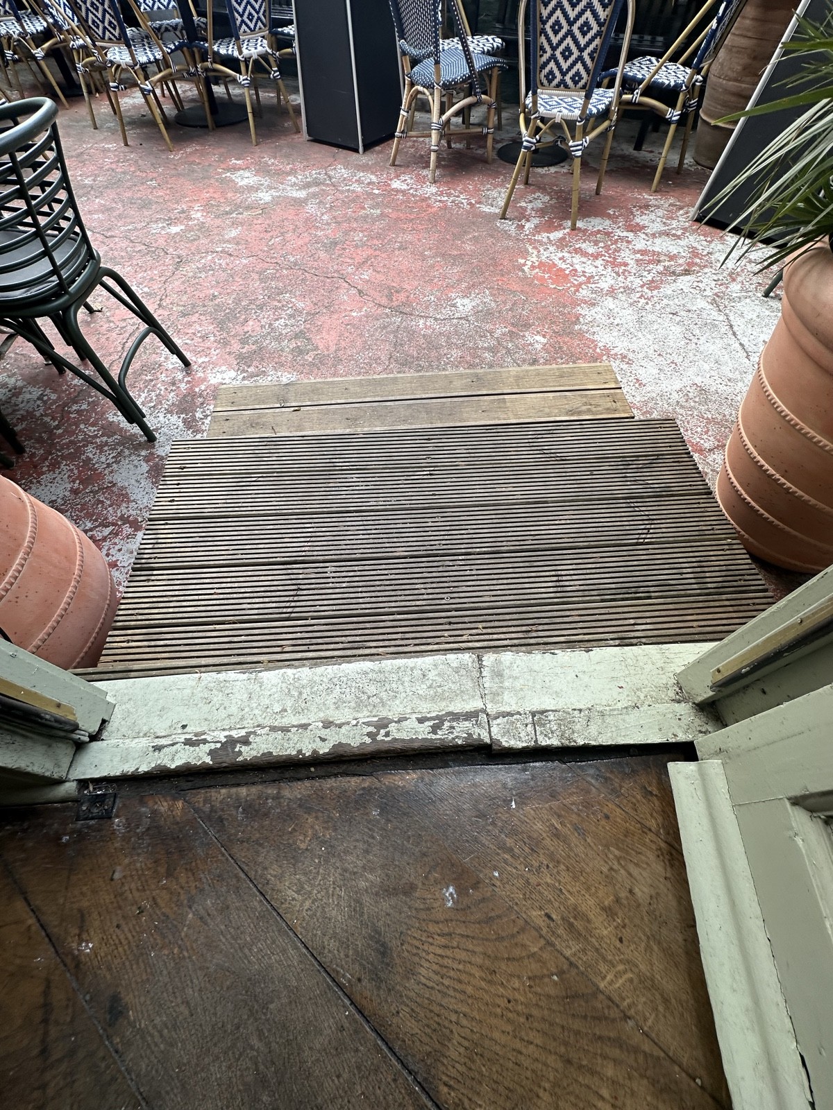 Small bump at foot of door, followed by 2 steps down. Planters to left and right.