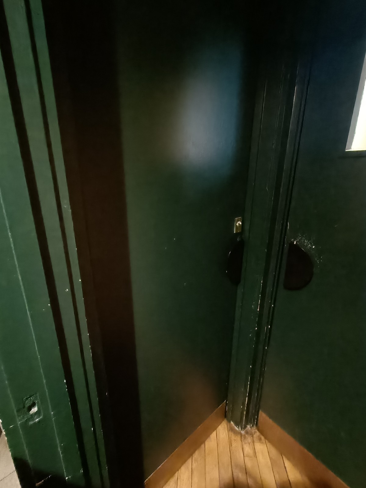 From doorway, facing right. Green, wooden door ahead. Push from right to open.