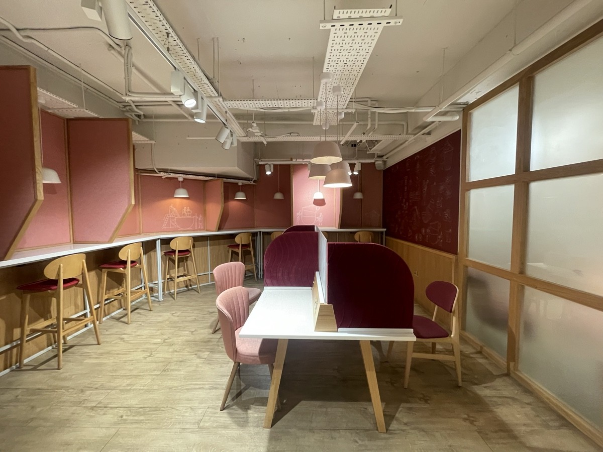 From opening facing right. Tables and chairs with dividers in between ahead. High table and stools with dividers in between along left and back.