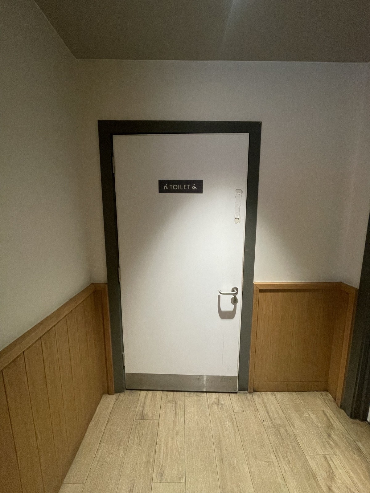 From opening facing left. White wooden bathroom door with grey frame ahead. Pull silve metal handle on right to open.