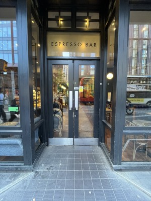 Glass double doors with silver handle. Push from handle in centre to open doors.