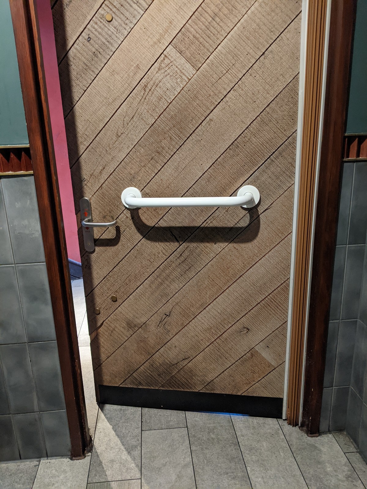 Back of toilet door. Grab rail mid centre. Metal handle on left.