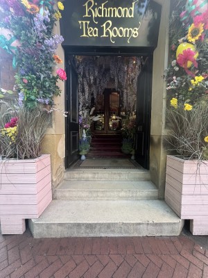 Black preceding double doors with gold handles. Push handles in centre to open doors. Steps precede preceding double doors. Planters on both sides.