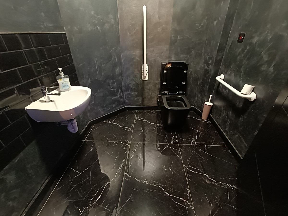 From doorway, facing straight. Sink on left. Toilet at back right.