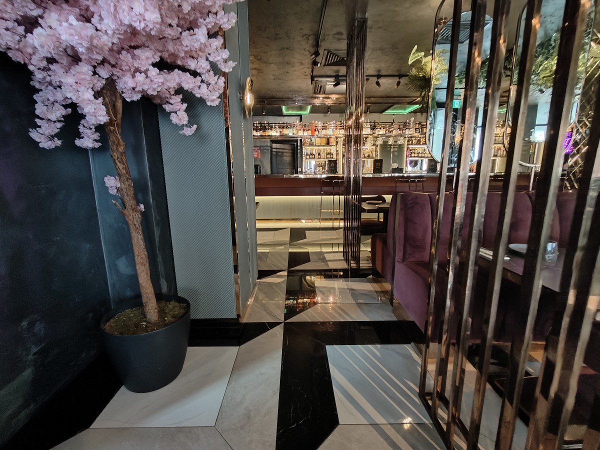 From entrance facing left. Metal partition on right. Path in centre to bar at back. Planter and column on left.
