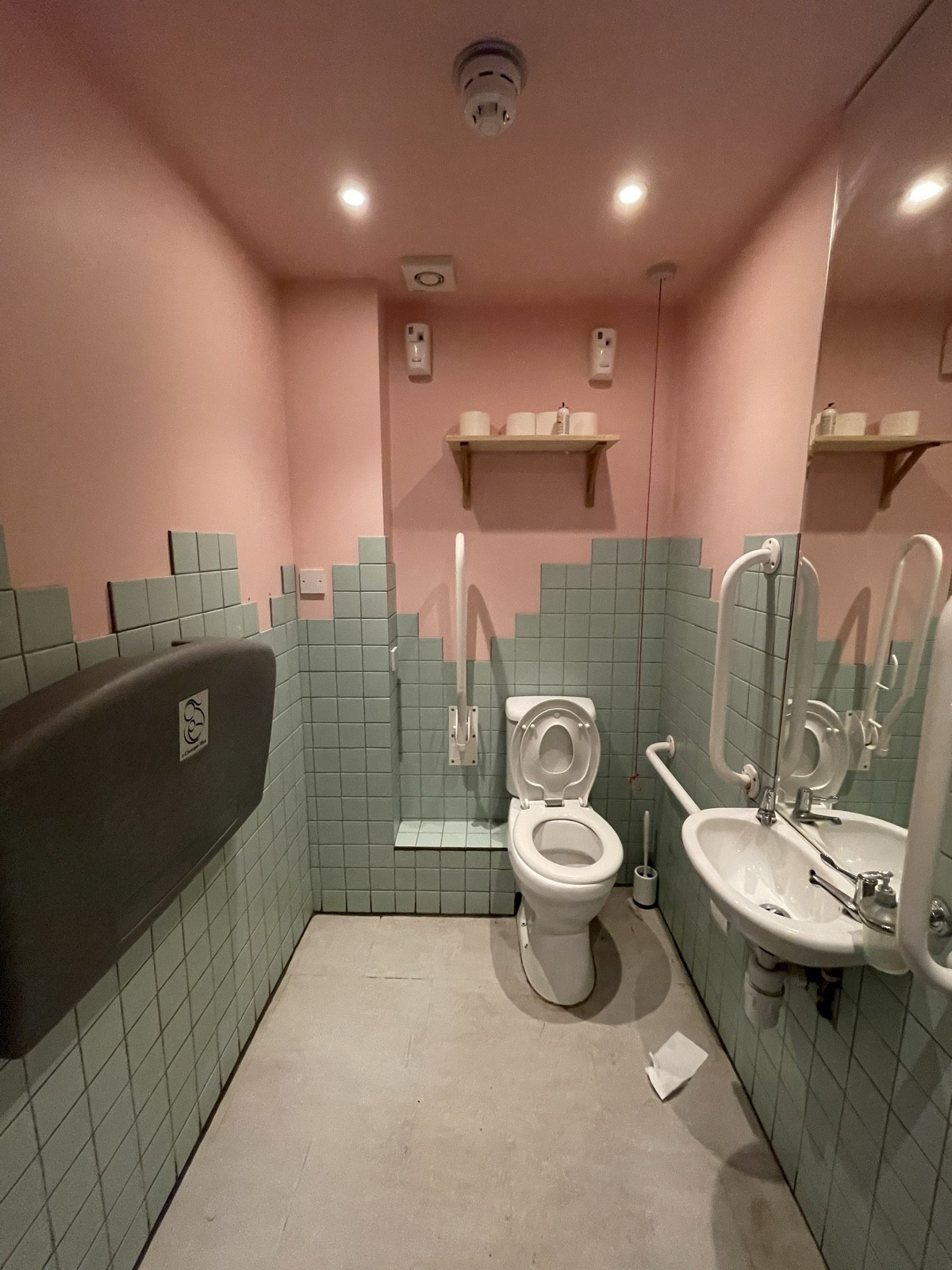 From door facing straight. Baby change on left wall. Toilet at back right. Emergency cord to its right. Sink on right wall.