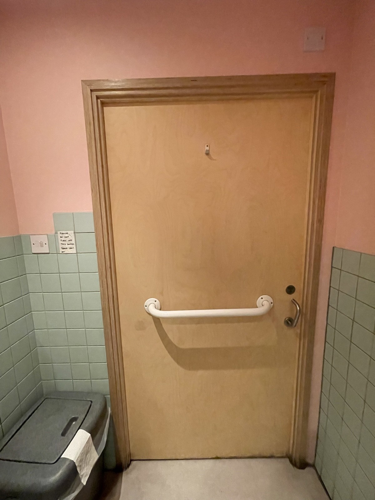 Back of bathroom door. White grabrail accross centre. Hook in top centre. Push metal handle on right to open. Switch on left of door.