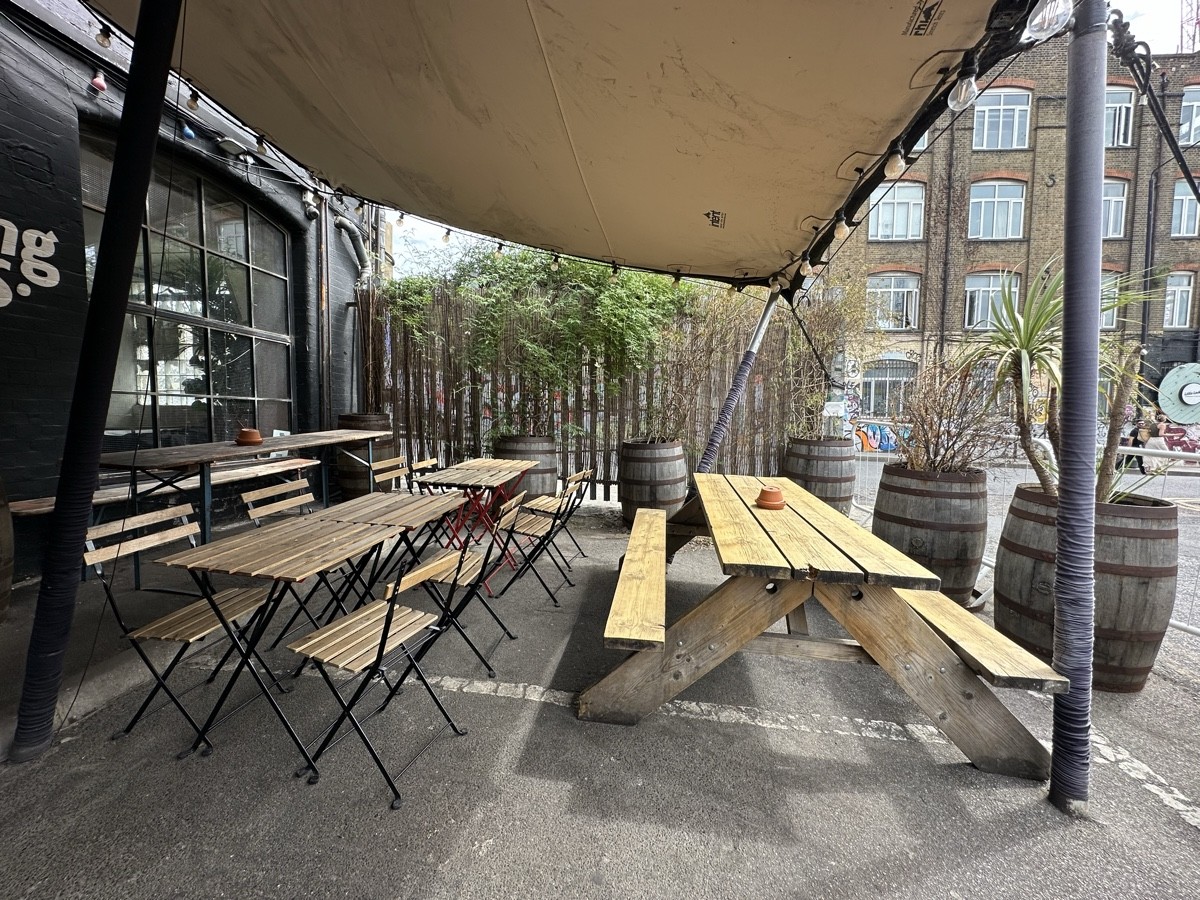 From opening facing right. Picnic bench to back right. Tables and chairs to back left. Tables and benches behind.