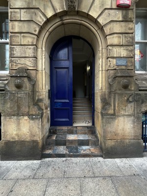 3 steps up to first preceding doors ahead. Push from centre to open.