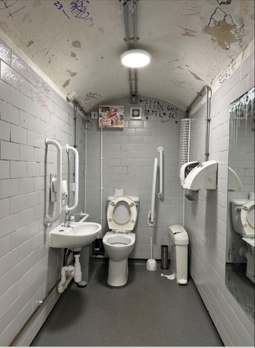 From door facing straight. Sink on left wall. Toilet on back wall.