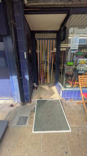 Doorway with curtains.
